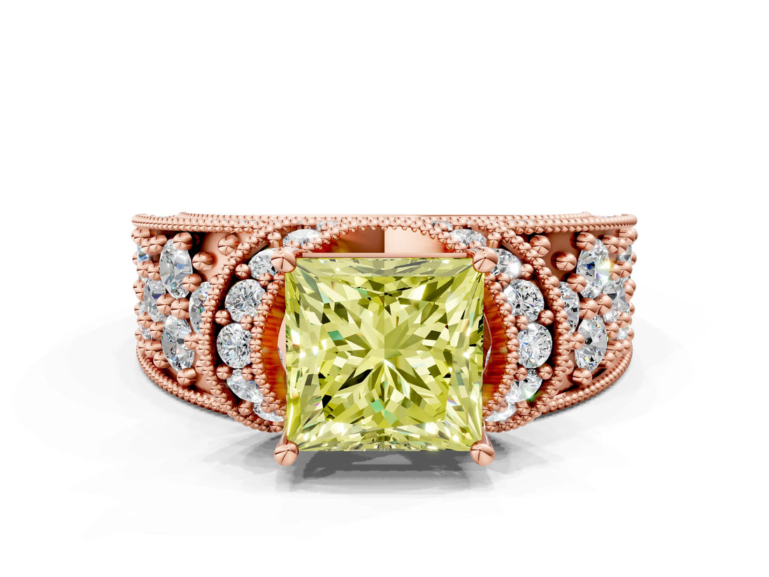 Rose gold Fancy Yellow Princess  Halo Pave Diamond Engagement Ring with Milgrain Detailing_29
