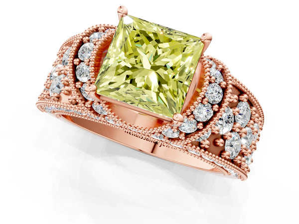 Rose gold Fancy Yellow Princess  Halo Pave Diamond Engagement Ring with Milgrain Detailing