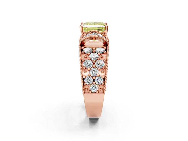 Rose gold Fancy Yellow Princess  Halo Pave Diamond Engagement Ring with Milgrain Detailing