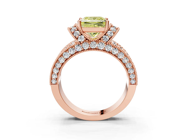 Rose gold Fancy Yellow Princess  Halo Pave Diamond Engagement Ring with Milgrain Detailing