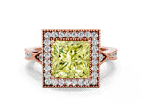 Rose gold Fancy Yellow Princess  Halo Round Diamond Milgrain Pave Engagement Ring_3