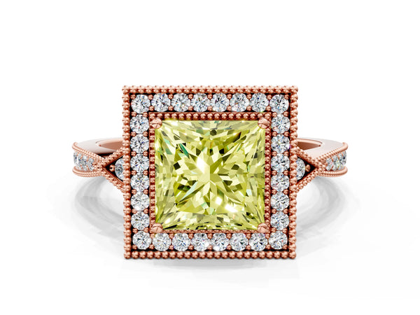 Rose gold Fancy Yellow Princess  Halo Round Diamond Milgrain Pave Engagement Ring