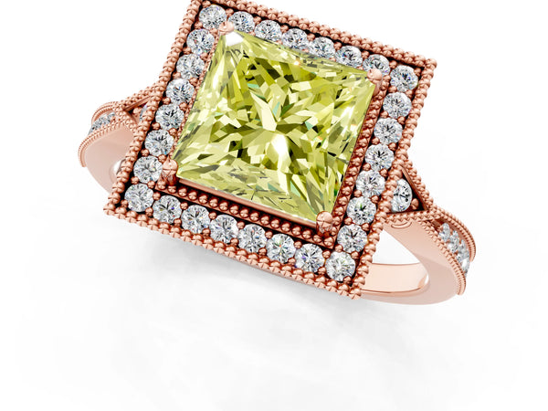 Rose gold Fancy Yellow Princess  Halo Round Diamond Milgrain Pave Engagement Ring