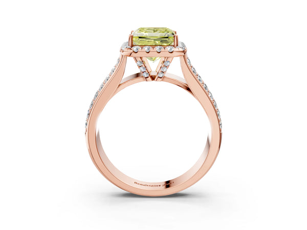 Rose gold Fancy Yellow Princess  Halo Round Diamond Pave Band with Prong Setting