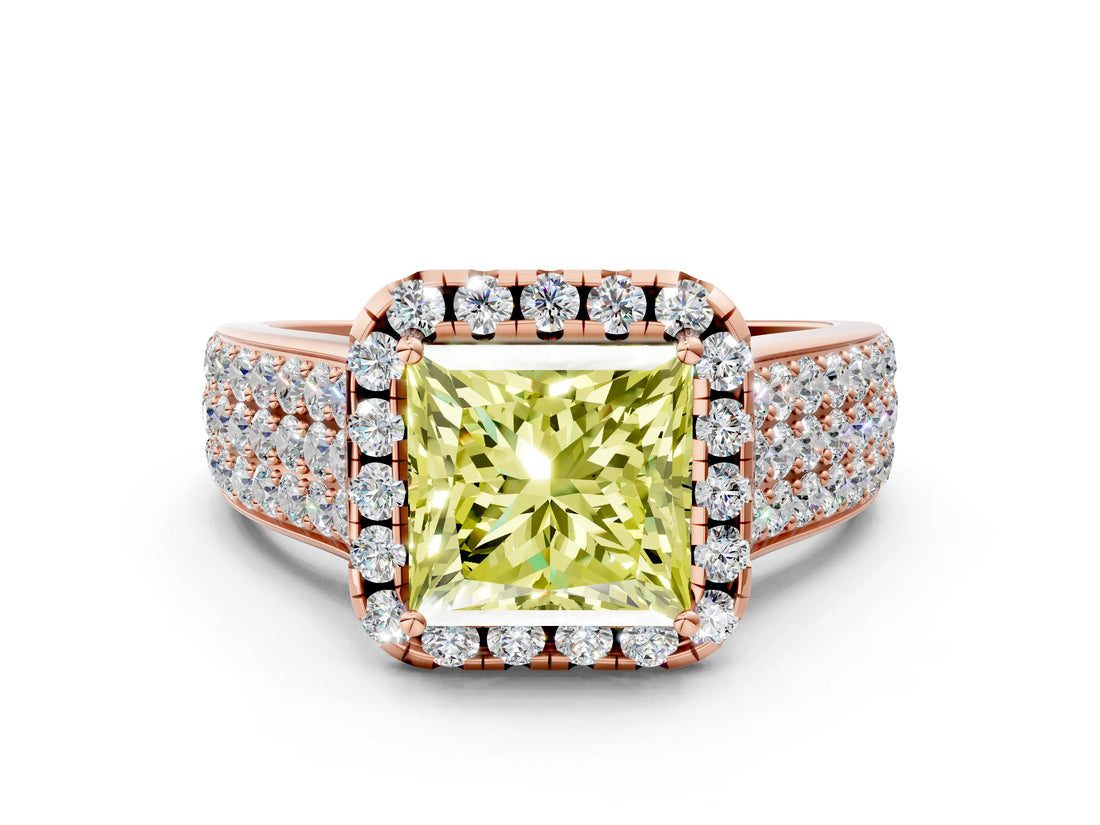 Rose gold Fancy Yellow Princess  Halo Round Diamond Pave Band with Prong Setting