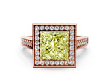 Rose gold Fancy Yellow Princess  Halo Solitaire Diamond Ring with Pave Band and Bezel Setting_29