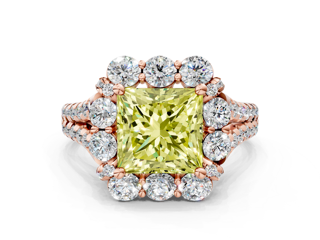 Rose gold Fancy Yellow Princess  Halo Split Shank Diamond Engagement Ring with Pave Band and Four-Prong Setting