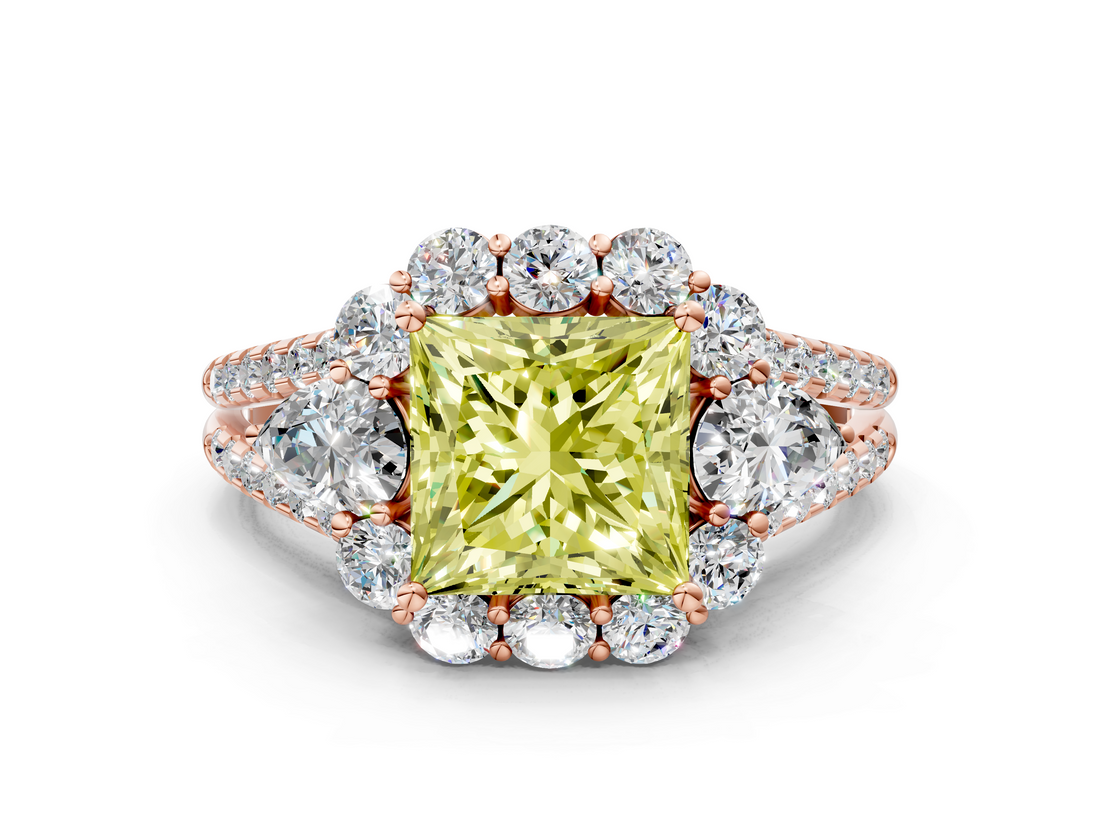 Rose gold Fancy Yellow Princess  Halo Split Shank Diamond Engagement Ring with Prong Setting