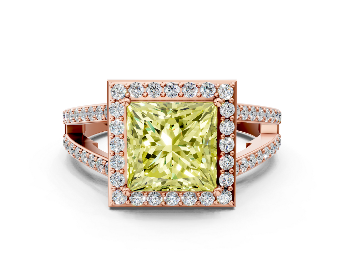 Rose gold Fancy Yellow Princess  Halo Split Shank Diamond Ring with Four-Prong Setting
