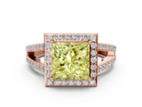 Rose gold Fancy Yellow Princess  Halo Split Shank Diamond Ring with Four-Prong Setting