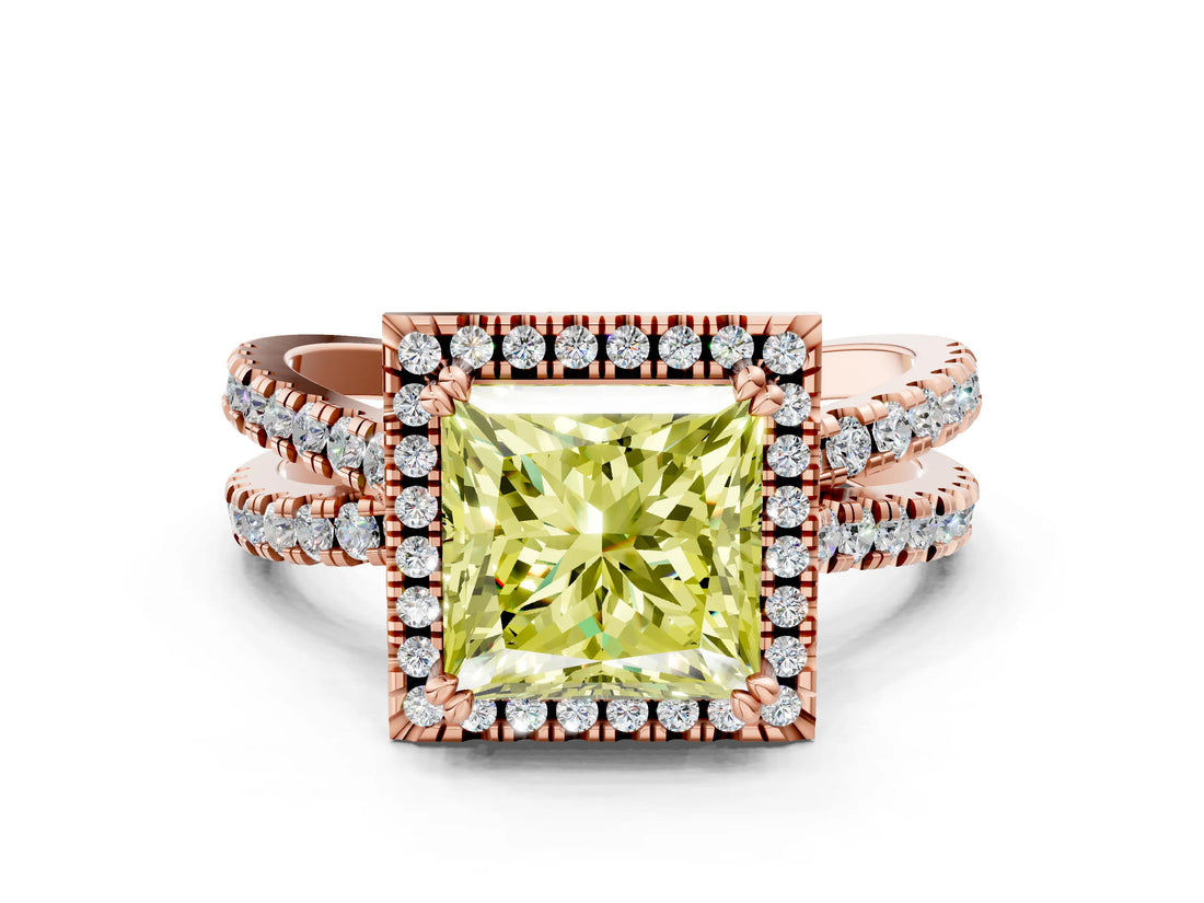 Rose gold Fancy Yellow Princess  Halo Split Shank Diamond Ring with Pavé Setting_26