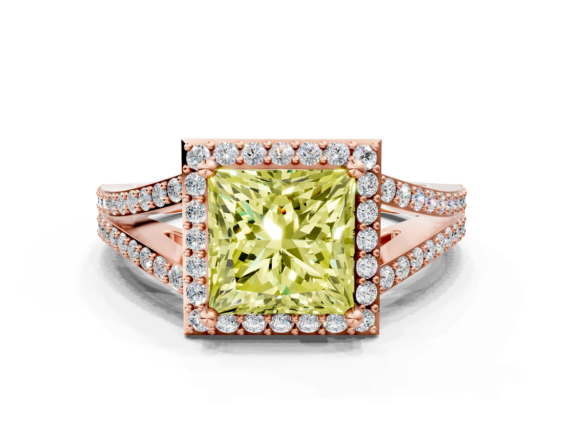 Rose gold Fancy Yellow Princess  Halo Split Shank Diamond Ring with Prong Setting