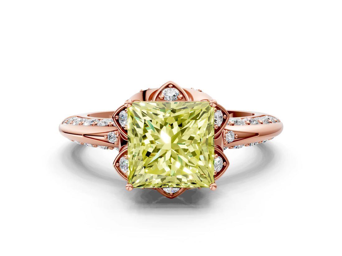 Rose gold Fancy Yellow Princess  Halo Split Shank Pave Diamond Ring with Petal Prong Setting_21