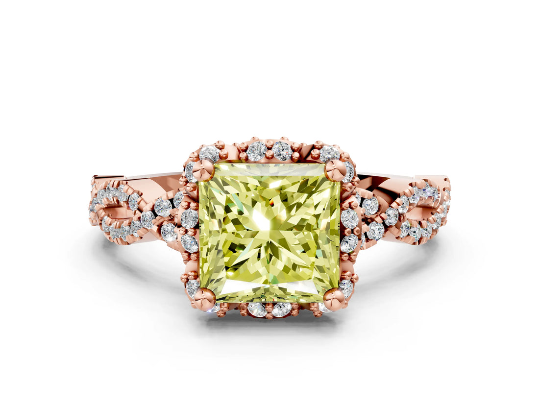 Rose gold Fancy Yellow Princess  Halo Twist Band Solitaire Ring with Six-Prong Setting_33