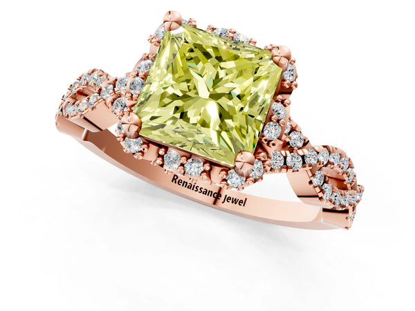 Rose gold Fancy Yellow Princess  Halo Twist Band Solitaire Ring with Six-Prong Setting