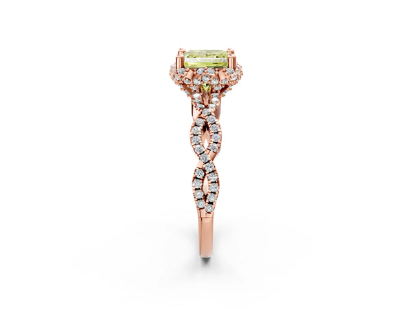 Rose gold Fancy Yellow Princess  Halo Twist Band Solitaire Ring with Six-Prong Setting