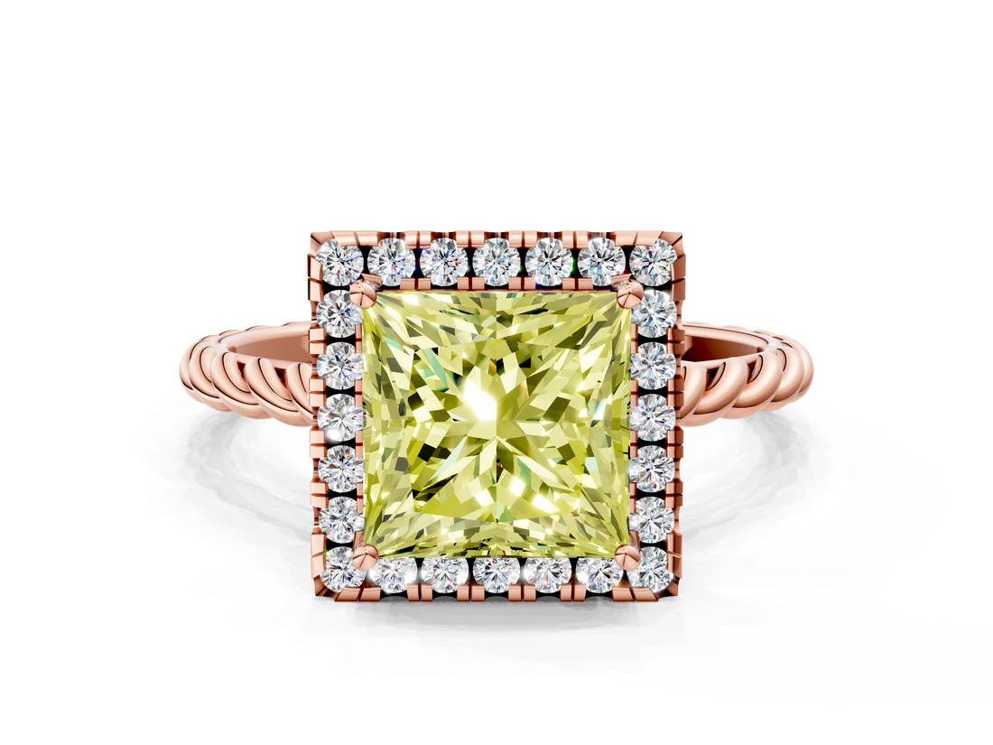 Rose gold Fancy Yellow Princess  Halo Twisted Band Four-Prong Diamond Ring