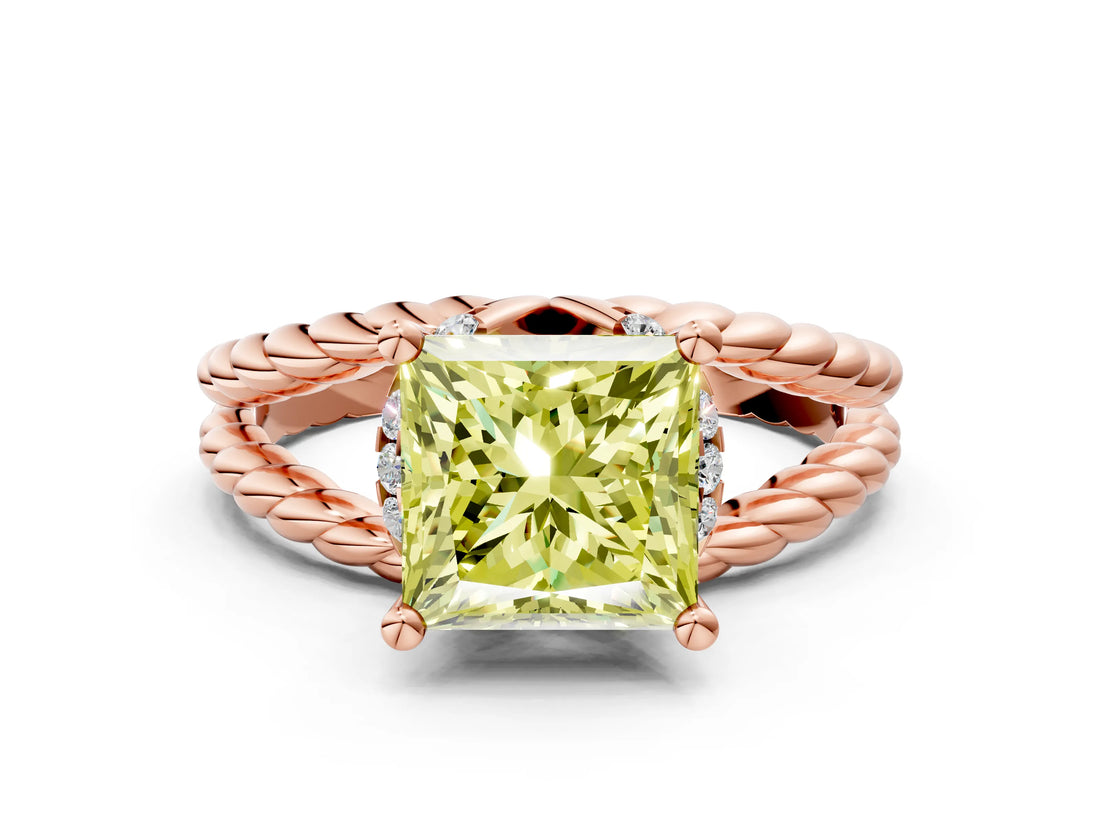 Rose gold Fancy Yellow Princess  Halo Twisted Band Four-Prong Ring_37