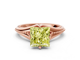 Rose gold Fancy Yellow Princess  Solitaire Beaded Band Six-Prong Setting