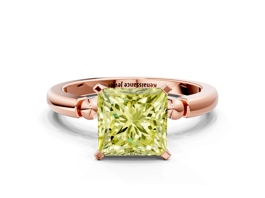 Rose gold Fancy Yellow Princess  Solitaire Beaded Band with Four-Prong Setting