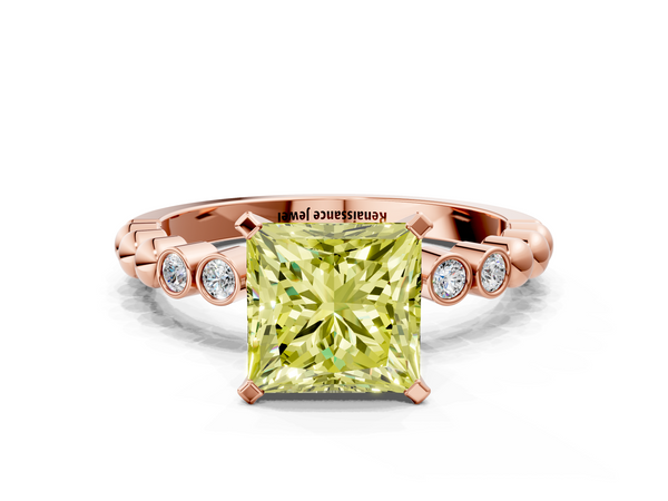 Rose gold Fancy Yellow Princess  Solitaire Bezel Accent Diamond Engagement Ring with Beaded Band and Four-Prong Setting