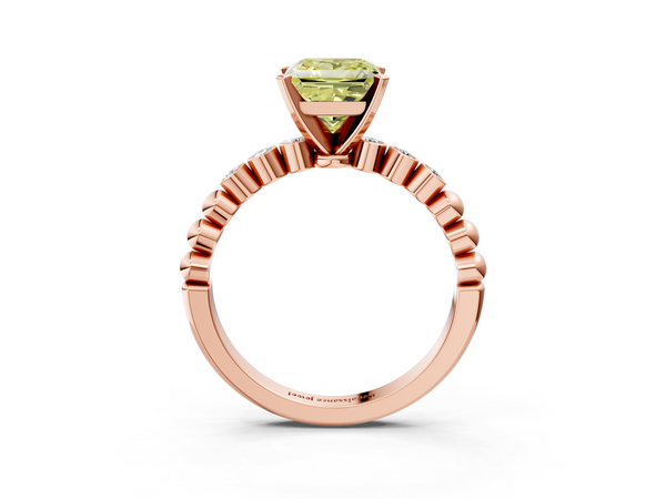 Rose gold Fancy Yellow Princess  Solitaire Bezel Accent Diamond Engagement Ring with Beaded Band and Four-Prong Setting