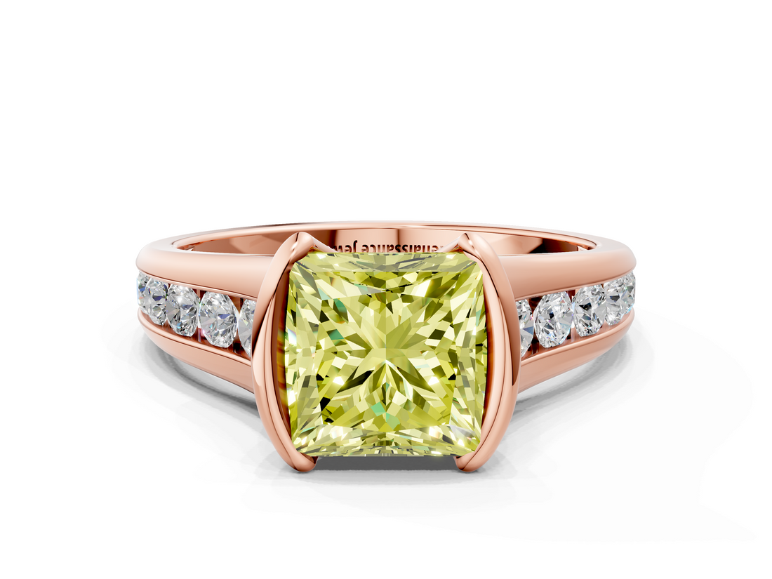 Rose gold Fancy Yellow Princess  Solitaire Bezel-Set Diamond Ring with Channel-Set Band