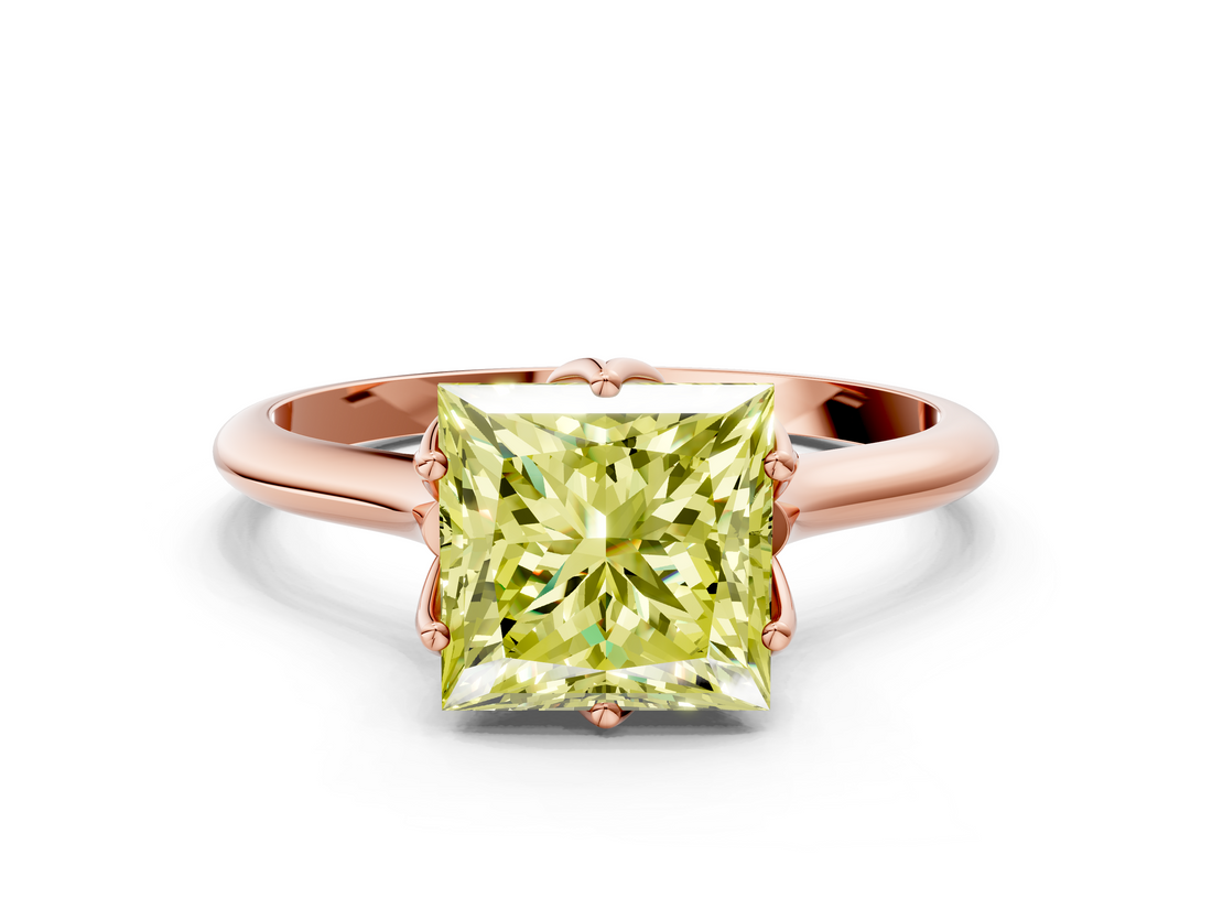 Rose gold Fancy Yellow Princess  Solitaire Cathedral Diamond Ring with Six-Prong Setting