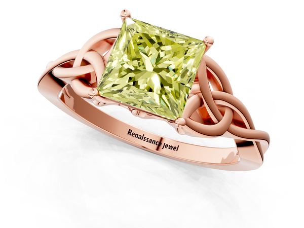 Rose gold Fancy Yellow Princess Cut Diamond Solitaire Engagement Ring with Celtic Knot Band and Four-Prong Setting