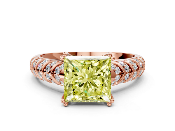 Rose Gold Princess Cut Chevron Pave Solitaire Engagement Ring Setting for Fancy Yellow Center