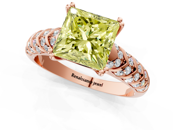 Rose Gold Princess Cut Chevron Pave Solitaire Engagement Ring Setting for Fancy Yellow Center