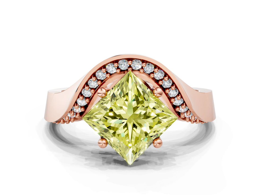 Rose gold Fancy Yellow Princess  Solitaire Diamond Engagement Ring with Pave Band and Four-Prong Setting