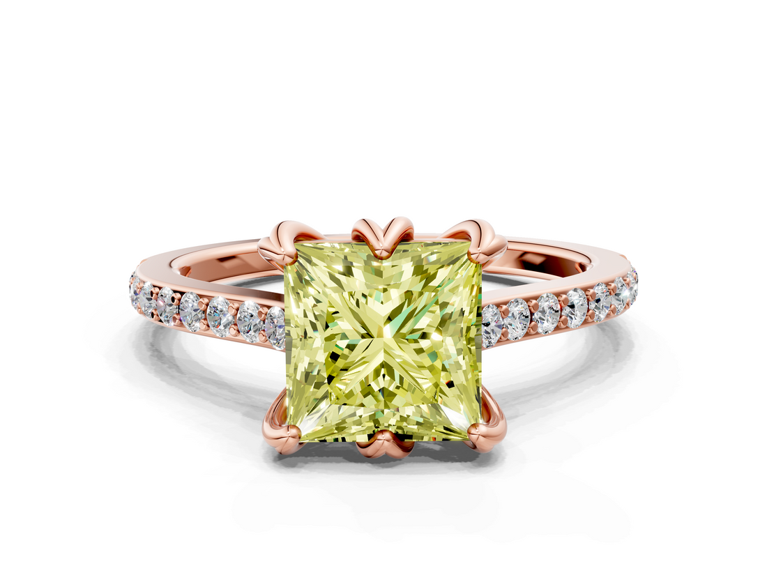 Rose gold Fancy Yellow Princess  Solitaire Diamond Engagement Ring with Pave Band and Six-Prong Setting