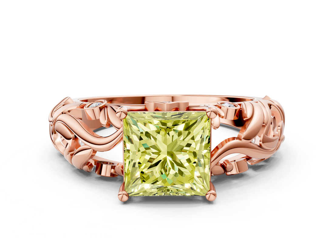 Rose gold Fancy Yellow Princess  Solitaire Diamond Leaf Vine Band with Prong Setting