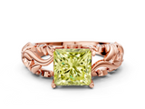 Rose gold Fancy Yellow Princess  Solitaire Diamond Leaf Vine Band with Prong Setting