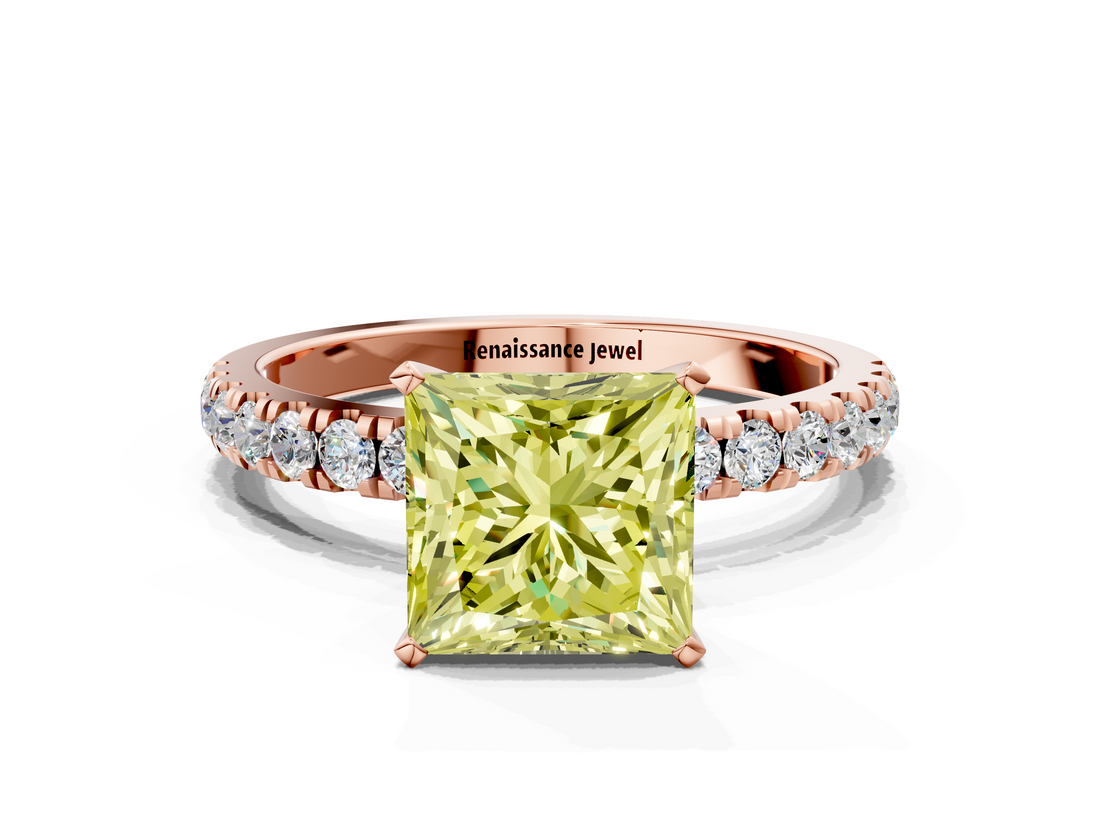 Rose gold Fancy Yellow Princess  Solitaire Diamond Pavé Band with Four-Prong Setting