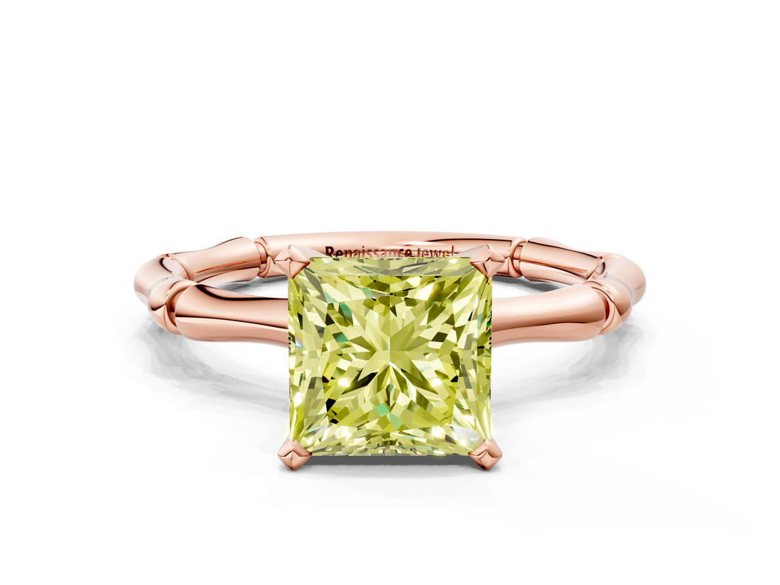 Rose gold Fancy Yellow Princess  Solitaire Diamond Ring with Bamboo Band and Four-Prong Setting