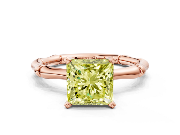 Rose gold Fancy Yellow Princess  Solitaire Diamond Ring with Bamboo Band and Four-Prong Setting