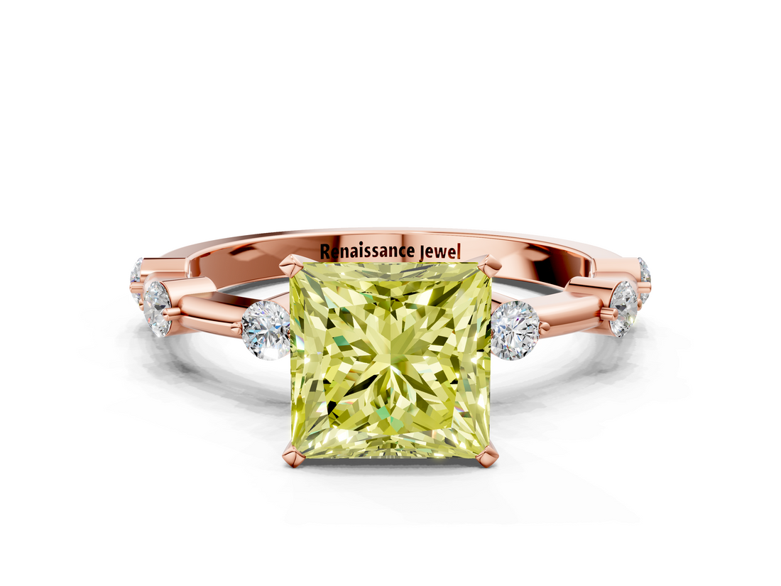 Rose gold Fancy Yellow Princess  Solitaire Diamond Ring with Bezel Set Side Stones and Prong Setting