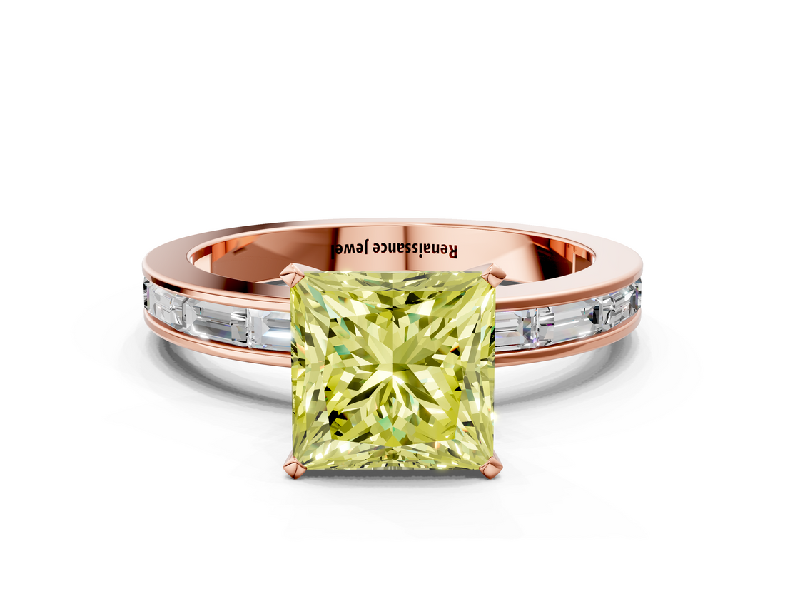 Rose gold Fancy Yellow Princess  Solitaire Diamond Ring with Channel-Set Baguette Band and Four-Prong Setting