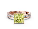 Rose gold Fancy Yellow Princess  Solitaire Diamond Ring with Channel-Set Baguette Band and Four-Prong Setting