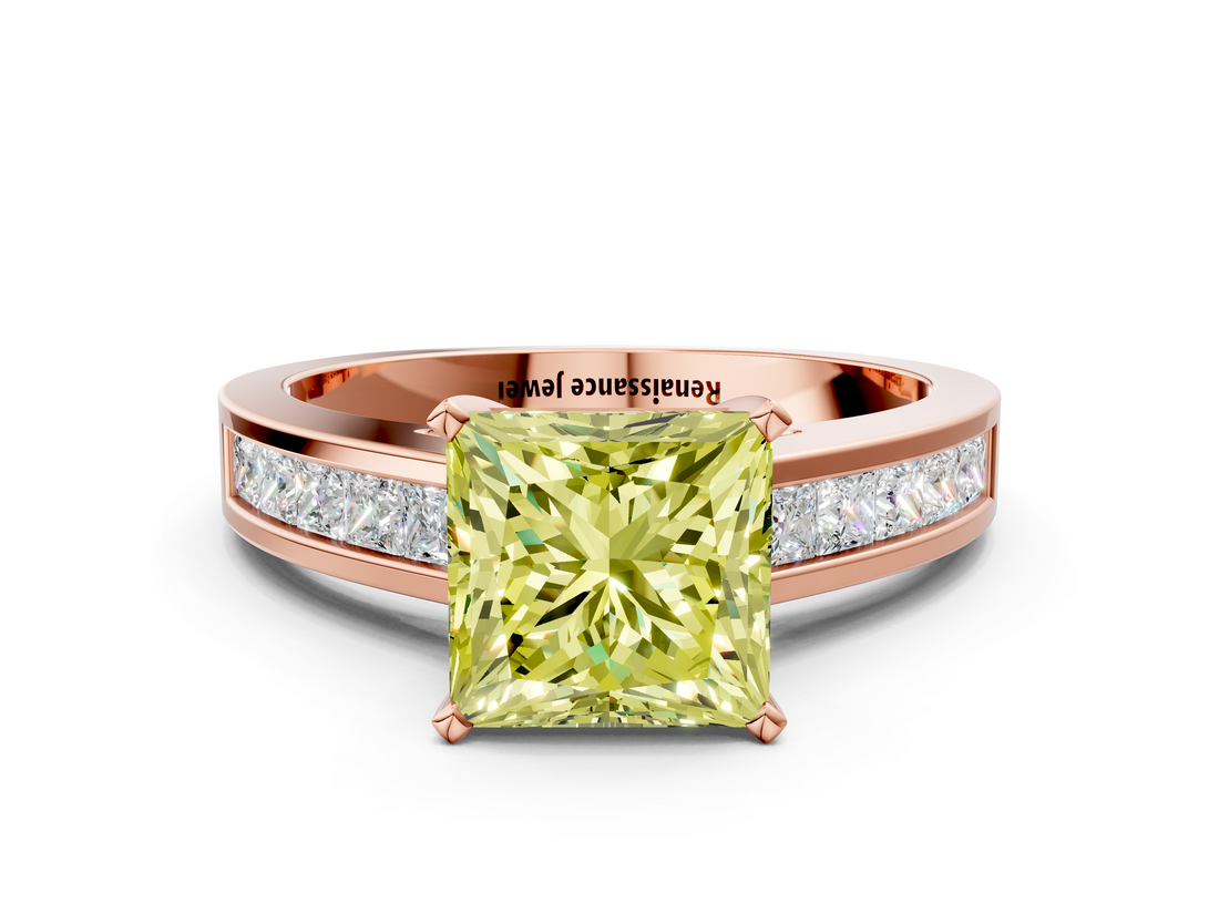 Rose gold Fancy Yellow Princess  Solitaire Diamond Ring with Channel-Set Band and Four-Prong Setting_3