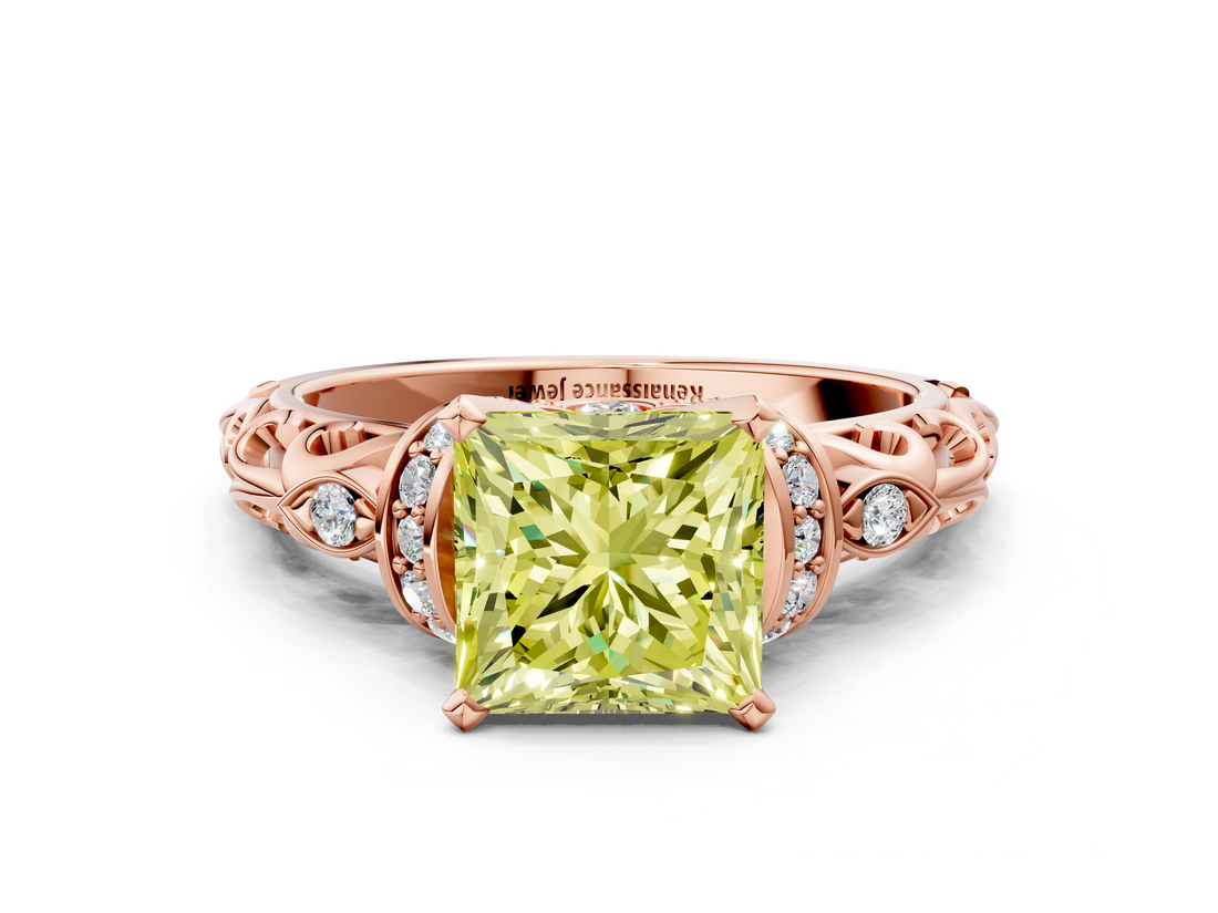 Rose gold Fancy Yellow Princess  Solitaire Diamond Ring with Filigree Band and Four-Prong Setting