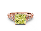Rose gold Fancy Yellow Princess  Solitaire Diamond Ring with Filigree Band and Four-Prong Setting