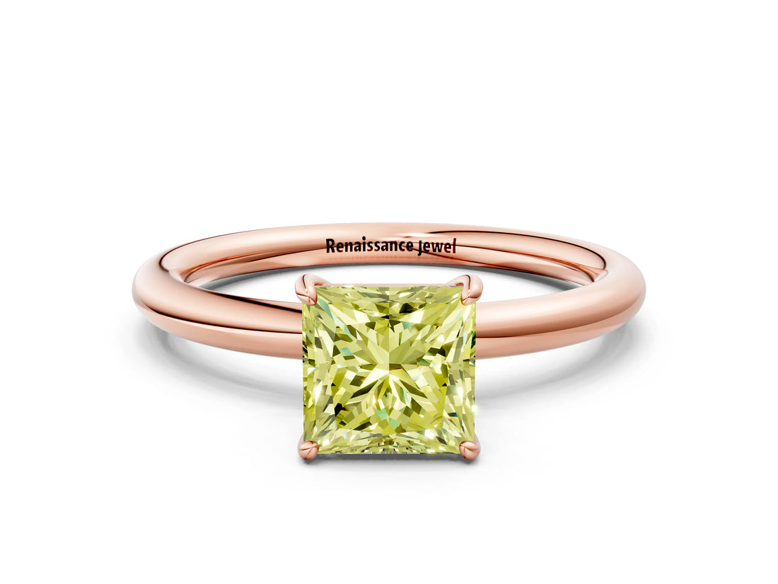 Rose gold Fancy Yellow Princess  Solitaire Diamond Ring with Four-Prong Setting on a Plain Band_19