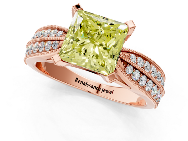 Rose gold Fancy Yellow Princess  Solitaire Diamond Ring with Milgrain Pavé Band and Four-Prong Setting