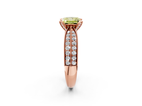 Rose gold Fancy Yellow Princess  Solitaire Diamond Ring with Milgrain Pavé Band and Four-Prong Setting