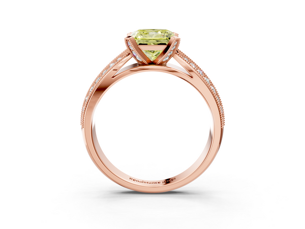 Rose gold Fancy Yellow Princess  Solitaire Diamond Ring with Milgrain Pavé Band and Four-Prong Setting