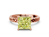 Rose gold Fancy Yellow Princess  Solitaire Diamond Ring with Milgrain and Black Enamel X Pattern Band_29