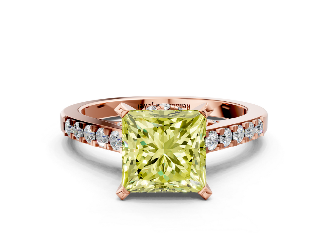 Rose gold Fancy Yellow Princess  Solitaire Diamond Ring with Pavé Band and Four-Prong Setting